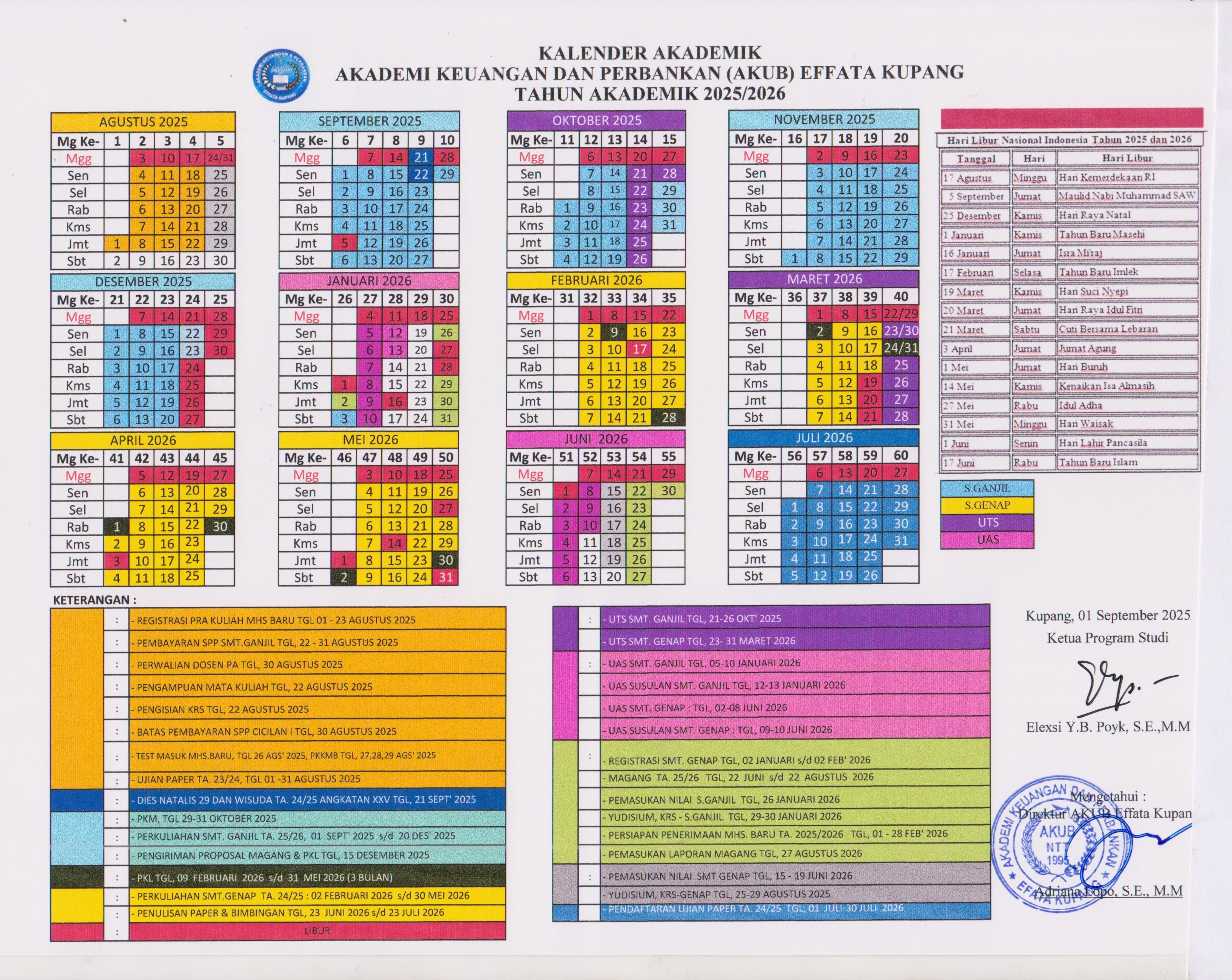 Kelender Akademik Tahun Akademik 2025/2026 - Akademi Keuangan dan Perbankan Effata Kupang